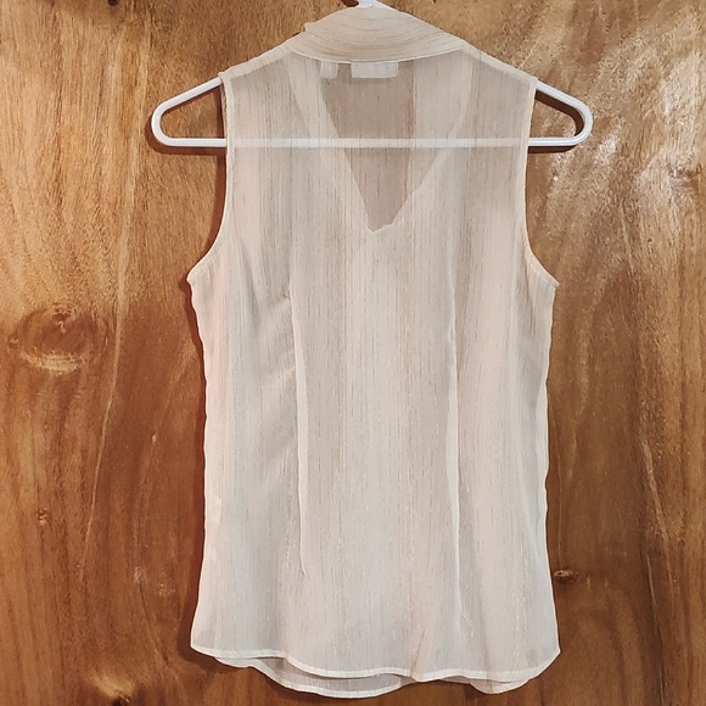 New York & Company Sheer Sleeveless Tie Neck Top Cream Gold Twee Metallic XS - Picture 5 of 10
